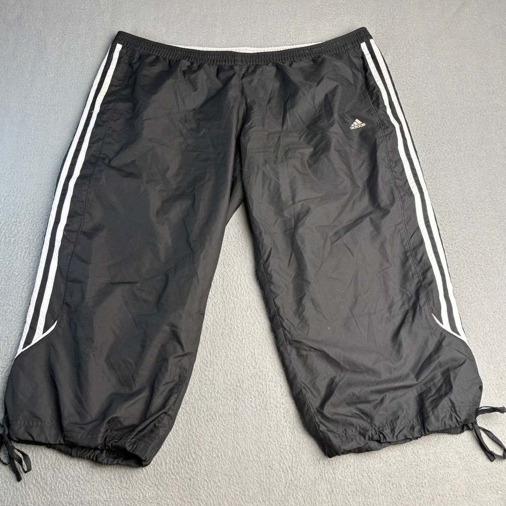 Adidas Mens XL Black White 3 Stripe Capri Track Pants Mesh Lined Drawstring Hem